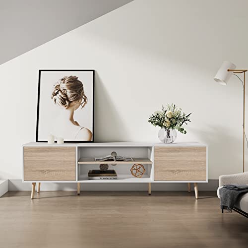 WAMPAT Mid Century Modern TV Stand for TVs up to 75 inches, Wood TV Console Media Cabinet with Storage, Entertainment Center for Living Room Bedroom, White and Oak, 70 inch