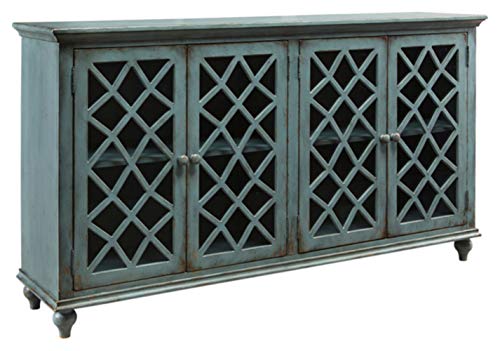 Signature Design by Ashley Mirimyn Vintage 69" 4-Door Accent Cabinet with Mirrored Glass and 2 Adjustable Shelves, Antique Blue