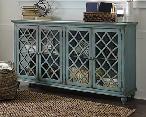 Signature Design by Ashley Mirimyn Vintage 69" 4-Door Accent Cabinet with Mirrored Glass and 2 Adjustable Shelves, Antique Blue