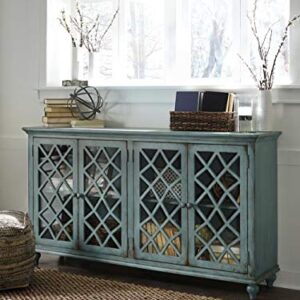 Signature Design by Ashley Mirimyn Vintage 69" 4-Door Accent Cabinet with Mirrored Glass and 2 Adjustable Shelves, Antique Blue