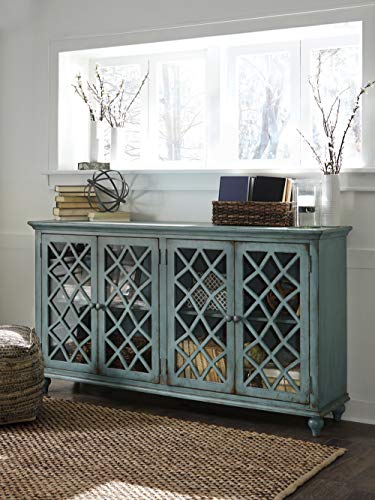 Signature Design by Ashley Mirimyn Vintage 69" 4-Door Accent Cabinet with Mirrored Glass and 2 Adjustable Shelves, Antique Blue