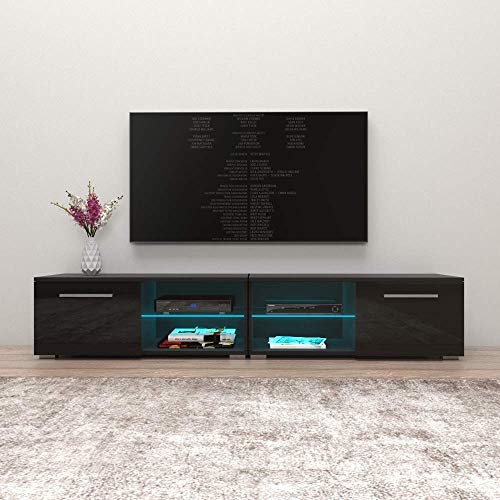 New Moon Modern TV Stand Matte Body High Gloss Doors with 16 Color LED (Black, 81")