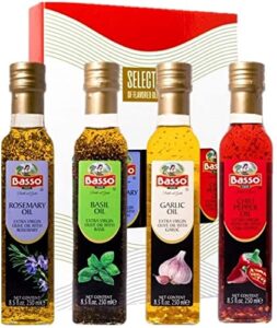 basso, garlic, rosemary, basil, chili pepper, 4 bottles x 8.5 fl.oz (250ml), naturally infused flavored extra virgin olive oil for dipping & tasting, 4 pk gift set (gift box included), all natural, great corporate gift,