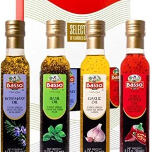 Basso, Garlic, Rosemary, Basil, Chili Pepper, 4 bottles x 8.5 fl.oz (250ml), Naturally Infused Flavored Extra Virgin Olive Oil for Dipping & Tasting, 4 pk Gift Set (Gift Box Included), All Natural, Great Corporate Gift,