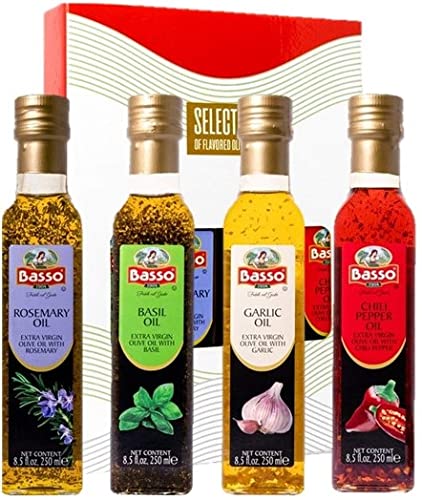 Basso, Garlic, Rosemary, Basil, Chili Pepper, 4 bottles x 8.5 fl.oz (250ml), Naturally Infused Flavored Extra Virgin Olive Oil for Dipping & Tasting, 4 pk Gift Set (Gift Box Included), All Natural, Great Corporate Gift,