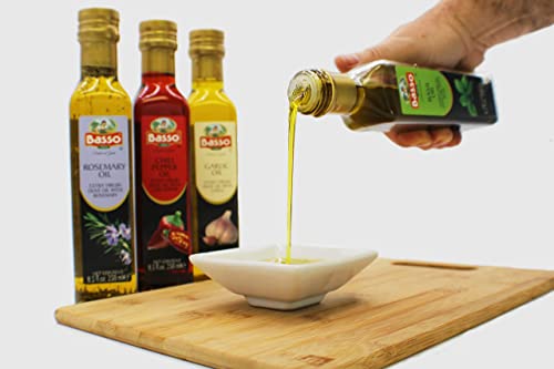 Basso, Garlic, Rosemary, Basil, Chili Pepper, 4 bottles x 8.5 fl.oz (250ml), Naturally Infused Flavored Extra Virgin Olive Oil for Dipping & Tasting, 4 pk Gift Set (Gift Box Included), All Natural, Great Corporate Gift,