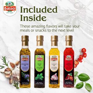 Basso, Garlic, Rosemary, Basil, Chili Pepper, 4 bottles x 8.5 fl.oz (250ml), Naturally Infused Flavored Extra Virgin Olive Oil for Dipping & Tasting, 4 pk Gift Set (Gift Box Included), All Natural, Great Corporate Gift,