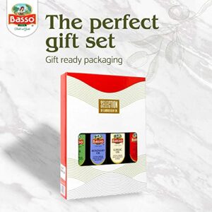 Basso, Garlic, Rosemary, Basil, Chili Pepper, 4 bottles x 8.5 fl.oz (250ml), Naturally Infused Flavored Extra Virgin Olive Oil for Dipping & Tasting, 4 pk Gift Set (Gift Box Included), All Natural, Great Corporate Gift,