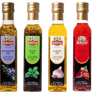 Basso, Garlic, Rosemary, Basil, Chili Pepper, 4 bottles x 8.5 fl.oz (250ml), Naturally Infused Flavored Extra Virgin Olive Oil for Dipping & Tasting, 4 pk Gift Set (Gift Box Included), All Natural, Great Corporate Gift,