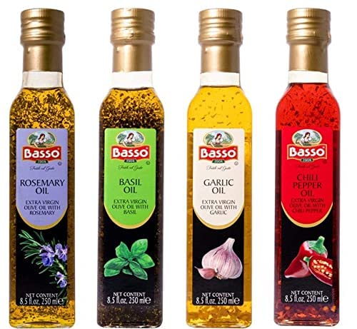 Basso, Garlic, Rosemary, Basil, Chili Pepper, 4 bottles x 8.5 fl.oz (250ml), Naturally Infused Flavored Extra Virgin Olive Oil for Dipping & Tasting, 4 pk Gift Set (Gift Box Included), All Natural, Great Corporate Gift,