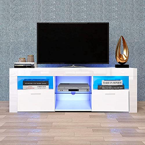 Goujxcy TV Stand for 55 inch TV with Storage - Entertainment Center for 55 inch TV, White Gloss TV Stand with LED Lights and 2 Drawer, Living Room TV Console Table Television Desk Stand