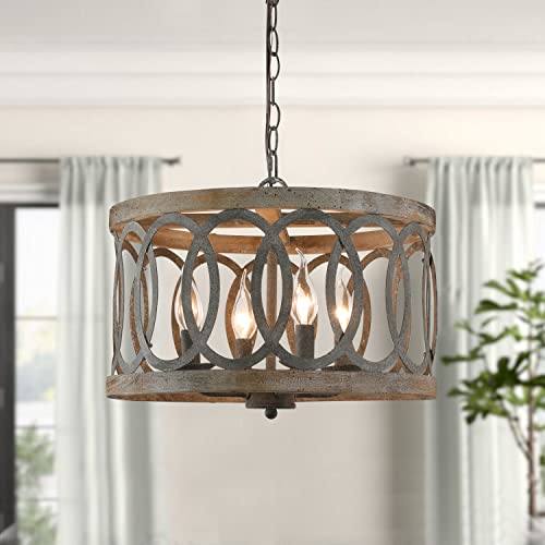 Farmhouse Drum Pendant Light Chandeliers for Dining Room, 4-Light Handmade Antique Wood & Matte Black Industrial Round Cage Rustic Kitchen Island Lighting for Entryway Bedroom Hallway Living Room