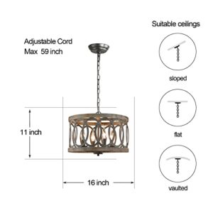 Farmhouse Drum Pendant Light Chandeliers for Dining Room, 4-Light Handmade Antique Wood & Matte Black Industrial Round Cage Rustic Kitchen Island Lighting for Entryway Bedroom Hallway Living Room