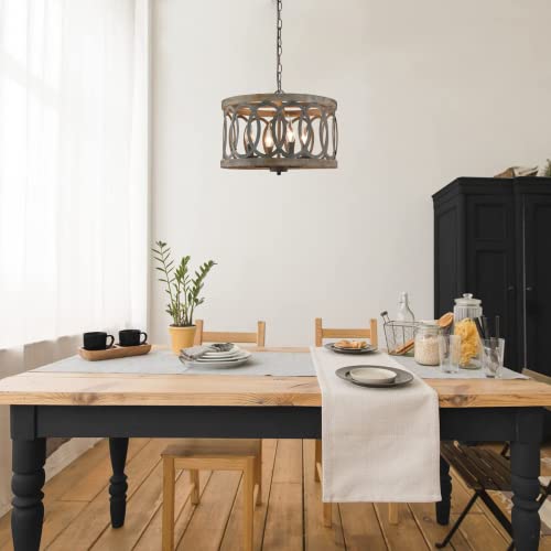 Farmhouse Drum Pendant Light Chandeliers for Dining Room, 4-Light Handmade Antique Wood & Matte Black Industrial Round Cage Rustic Kitchen Island Lighting for Entryway Bedroom Hallway Living Room