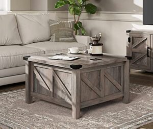 wampat square coffee table, rustic farmhouse center table with lift top and storage for living room, 30″x 30″, wash grey