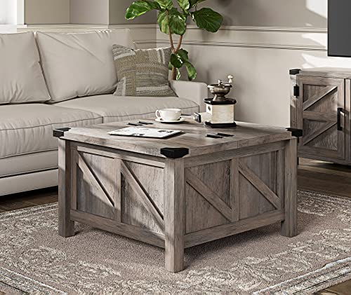 WAMPAT Square Coffee Table, Rustic Farmhouse Center Table with Lift Top and Storage for Living Room, 30"x 30", Wash Grey