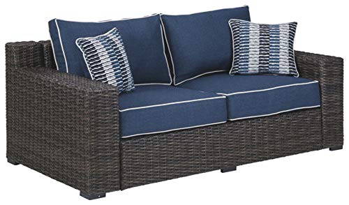 Signature Design by Ashley Grasson Lane Modern Farmhouse Outdoor Patio Loveseat, Brown & Blue