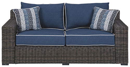 Signature Design by Ashley Grasson Lane Modern Farmhouse Outdoor Patio Loveseat, Brown & Blue