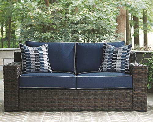 Signature Design by Ashley Grasson Lane Modern Farmhouse Outdoor Patio Loveseat, Brown & Blue