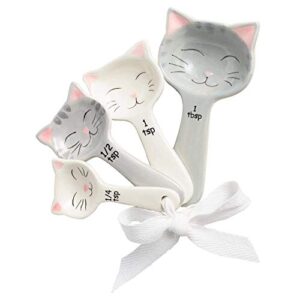 cat shaped ceramic measuring spoons – gift for any cat lover – cat ceramic measuring spoons baking tool – creative functional kitchen decor – comes in white and gray – set of 4