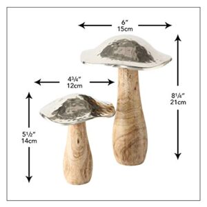 WHW Whole House Worlds Farmers Market Mushrooms, Set of 2, Decorative Kitchen Sculpture, Art, Mango Wood and Hammered Silver Metal, 8 1/4 and 5 1/2 Inches Tall