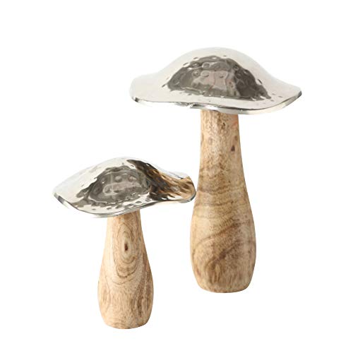 WHW Whole House Worlds Farmers Market Mushrooms, Set of 2, Decorative Kitchen Sculpture, Art, Mango Wood and Hammered Silver Metal, 8 1/4 and 5 1/2 Inches Tall