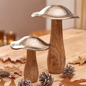 WHW Whole House Worlds Farmers Market Mushrooms, Set of 2, Decorative Kitchen Sculpture, Art, Mango Wood and Hammered Silver Metal, 8 1/4 and 5 1/2 Inches Tall