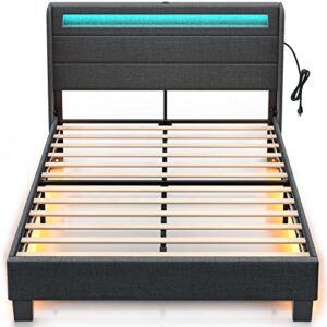 rolanstar bed frame queen size with headboard, upholstered platform bed frame queen with led lights and usb ports, motion activated night light & solid wood slats, no box spring needed, dark grey