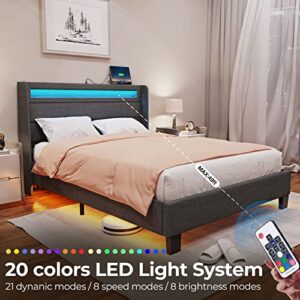 Rolanstar Bed Frame Queen Size with Headboard, Upholstered Platform Bed Frame Queen with LED Lights and USB Ports, Motion Activated Night Light & Solid Wood Slats, No Box Spring Needed, Dark Grey