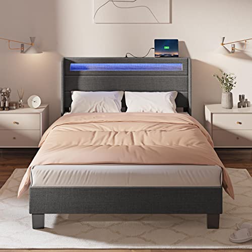 Rolanstar Bed Frame Queen Size with Headboard, Upholstered Platform Bed Frame Queen with LED Lights and USB Ports, Motion Activated Night Light & Solid Wood Slats, No Box Spring Needed, Dark Grey