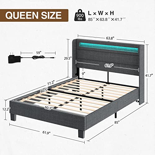 Rolanstar Bed Frame Queen Size with Headboard, Upholstered Platform Bed Frame Queen with LED Lights and USB Ports, Motion Activated Night Light & Solid Wood Slats, No Box Spring Needed, Dark Grey