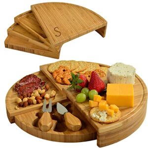 picnic at ascot patented personalized monogrammed engraved bamboo cheese/charcuterie board with cheese knives- designed & quality checked in the usa