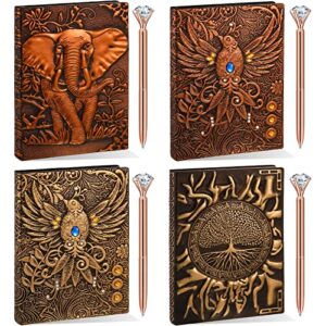 4 sets embossed leather journal writing notebooks with diamond pens, antique handmade vintage travel diary daily sketchbook, 3d phoenix elephant life tree pattern a5 notepad present for women men