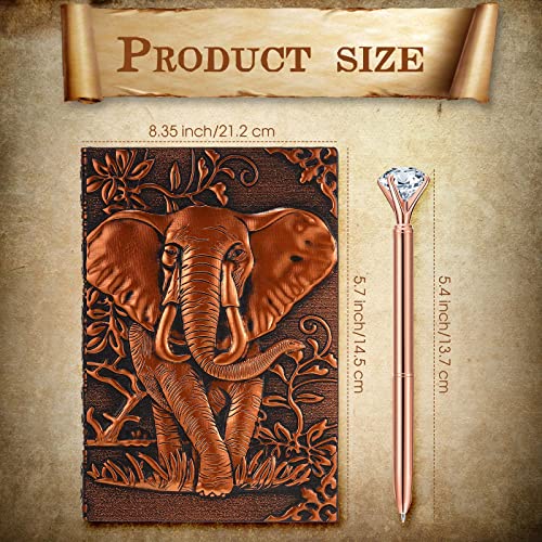 4 Sets Embossed Leather Journal Writing Notebooks with Diamond Pens, Antique Handmade Vintage Travel Diary Daily Sketchbook, 3D Phoenix Elephant Life Tree Pattern A5 Notepad Present for Women Men