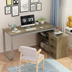 Homsee Home Office Computer Desk Corner Desk with 3 Drawers and 2 Shelves, 55 Inch Large L-Shaped Study Writing Table with Storage Cabinet - Light Brown