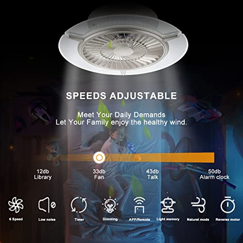 JLPAN Bladeless Ceiling Fan with Lights 22 in Flush Mount Low Profile Ceiling Fan Dimmable LED 6 Speeds Reversible Blades Timing with Remote Control Modern Enclosed Ceiling Fan, Silver