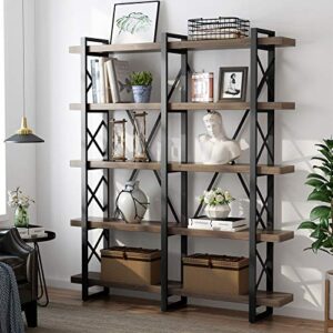 little tree 5-tier double wide open bookcase, solid wood industrial large metal bookcases furniture, vintage 5 shelf bookshelf etagere book shelves for home office decor display (wood)