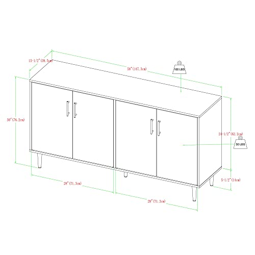 Walker Edison Fehr Modern 4 Door Bookmatch Buffet, 58 Inch, White