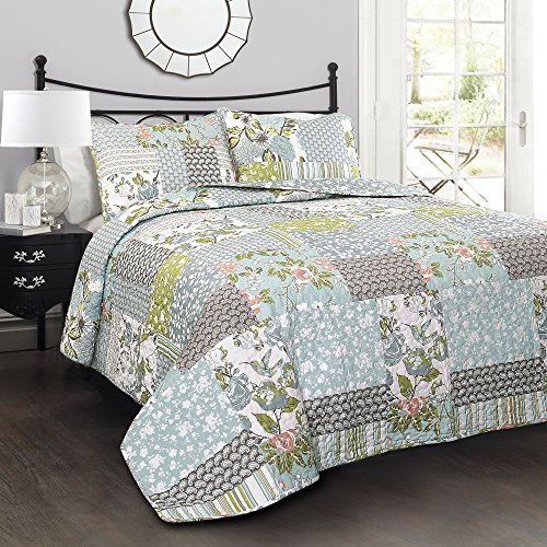 Lush Decor Blue Roesser Quilt | Patchwork Floral Reversible Print Pattern Country Farmhouse Style 3 Piece Bedding Set-King