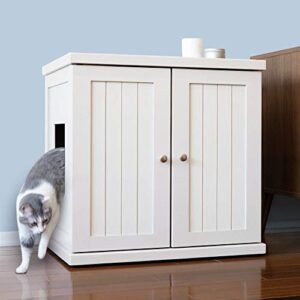 the refined feline cat litter box enclosure cabinet, cottage, white, adjustable levelers, large, hidden litter cat furniture with drawer