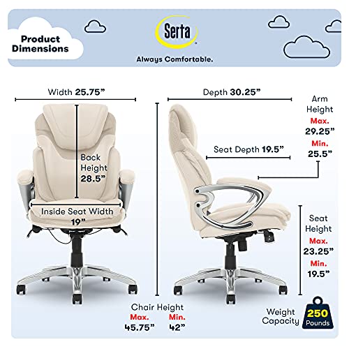 Serta AIR Health and Wellness Executive Office Chair, High Back Big and Tall Ergonomic for Lumber Support Task Swivel, Bonded Leather, Cream
