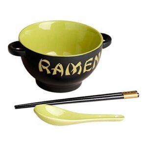 world market japanese ceramic ramen bowl set – 4-pc green rooster noodle bowl with soup spoon and chopstick – soup bowls for noodle soup, ramen, udon, miso, thai, curry, soba, pho soup – 17 ounce