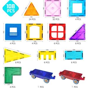 Lotmey Magnetic Tiles Building Blocks, 108 PCS 3D Magnetic Blocks Buliding Tiles Set, Magnetic Building Blocks Construction Playboards with 2 Cars, Preschool Educational Magnetic Toys for Kids 3, 4-8