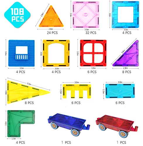 Lotmey Magnetic Tiles Building Blocks, 108 PCS 3D Magnetic Blocks Buliding Tiles Set, Magnetic Building Blocks Construction Playboards with 2 Cars, Preschool Educational Magnetic Toys for Kids 3, 4-8