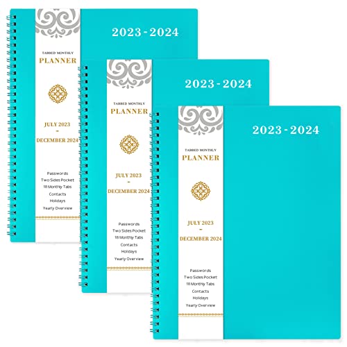 Monthly Planner 2023-2024 - 2023-2024 Monthly Planner from Jul. 2023 to Dec. 2024, 8.5" x 11", 18-Month Planner with Tabs, Pocket, Label, Contacts and Passwords, Twin-Wire Binding, 3 Pack - Teal by Artfan