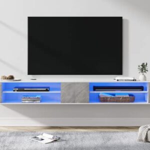 WAMPAT 2-in-1 Piece Floating TV Stand with Led Lights,79" Floating Entertainment Center Up to 80 Inch TVS, TV Cabinet Media Console Wood Storage Hutch Under TV for Living Room,Grey&White