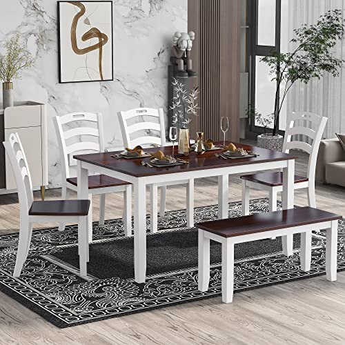 Merax Dining Table Sets, 6 Piece Wood Kitchen Table Set, Home Furniture Table Set with Chairs & Bench (White + Cherry)