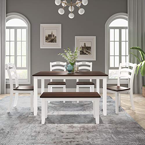 Merax Dining Table Sets, 6 Piece Wood Kitchen Table Set, Home Furniture Table Set with Chairs & Bench (White + Cherry)