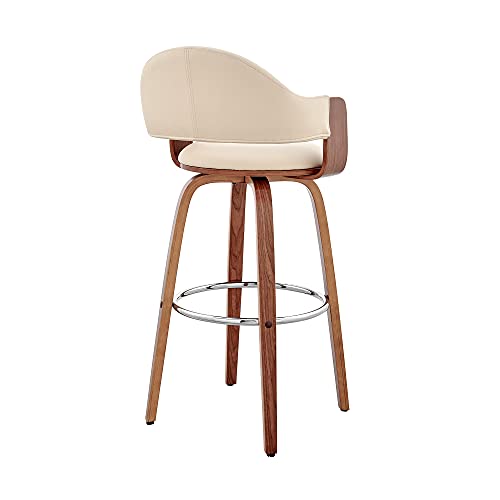 Armen Living Daxton 30" Cream Faux Leather and Walnut Wood Bar Stool