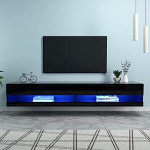 floating tv stand for tvs up to 85 inch, 70 inch wall mounted haning tv stand with led lights, high glossy floating entertainment centre hanging media console shelf, modern under tv floating tv shelf